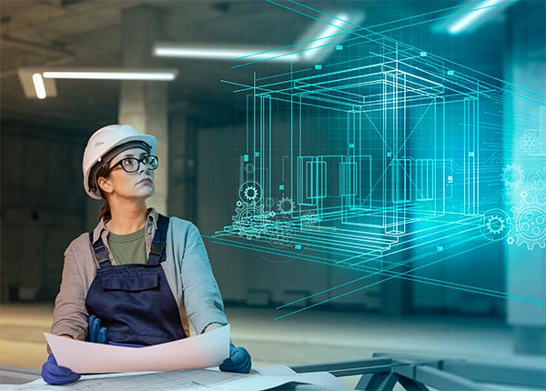 Fotografía de una mujer con casco y sujetando un plano mirando una infografía de una estructura tridimensional