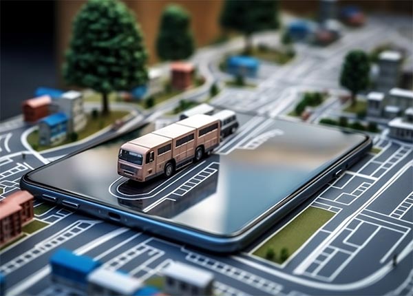 Fotografía de una maqueta con un autobús sobre una tablet en una ciudad en miniatura