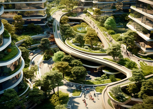 Fotografía de entorno urbano moderno con árboles y plantas