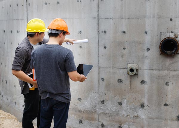 Fotografía de dos hombres con cascos supervisando una obra de un muro